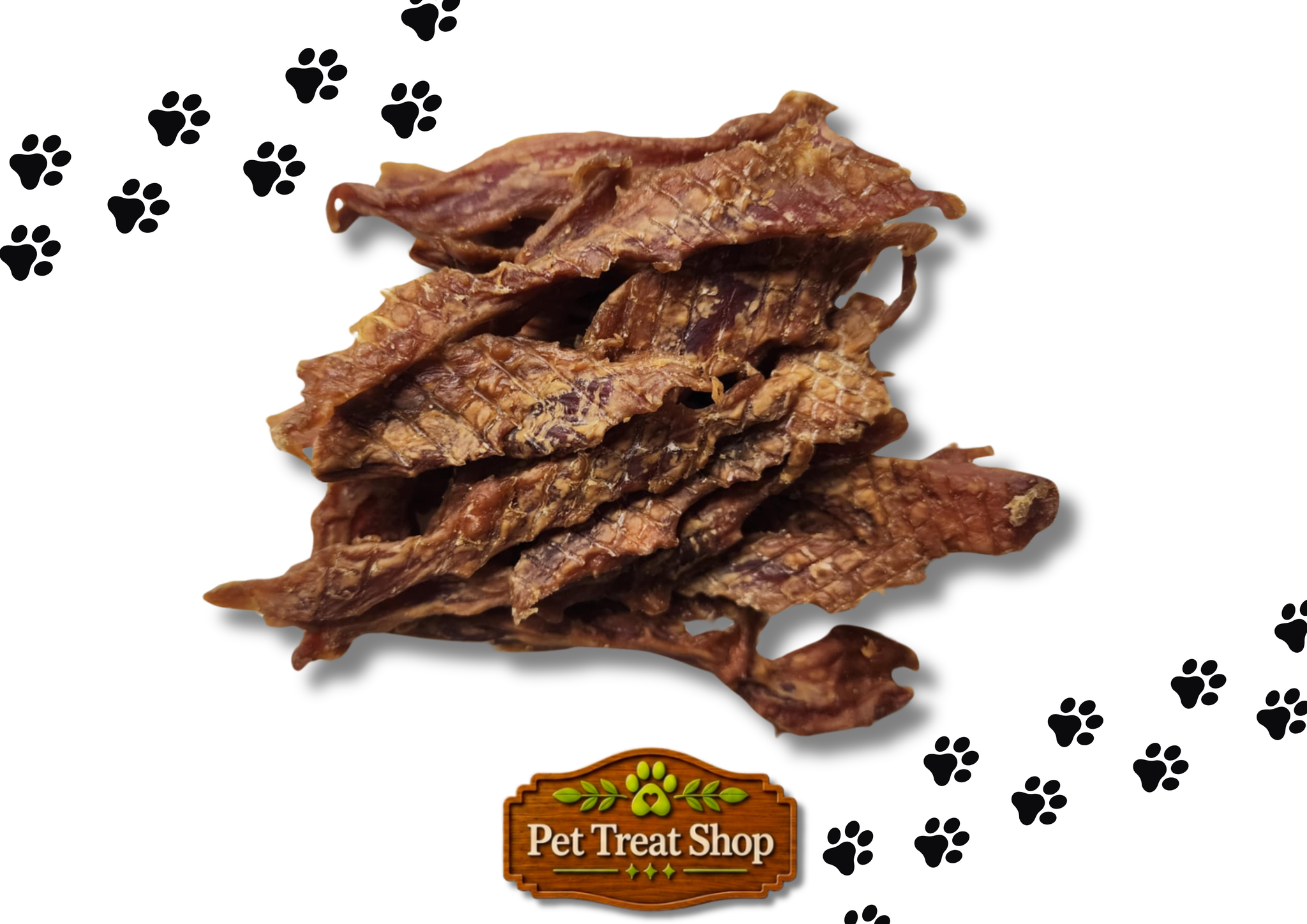 Dog treats with paw prints and 'Pet Treat Shop' logo on a white background